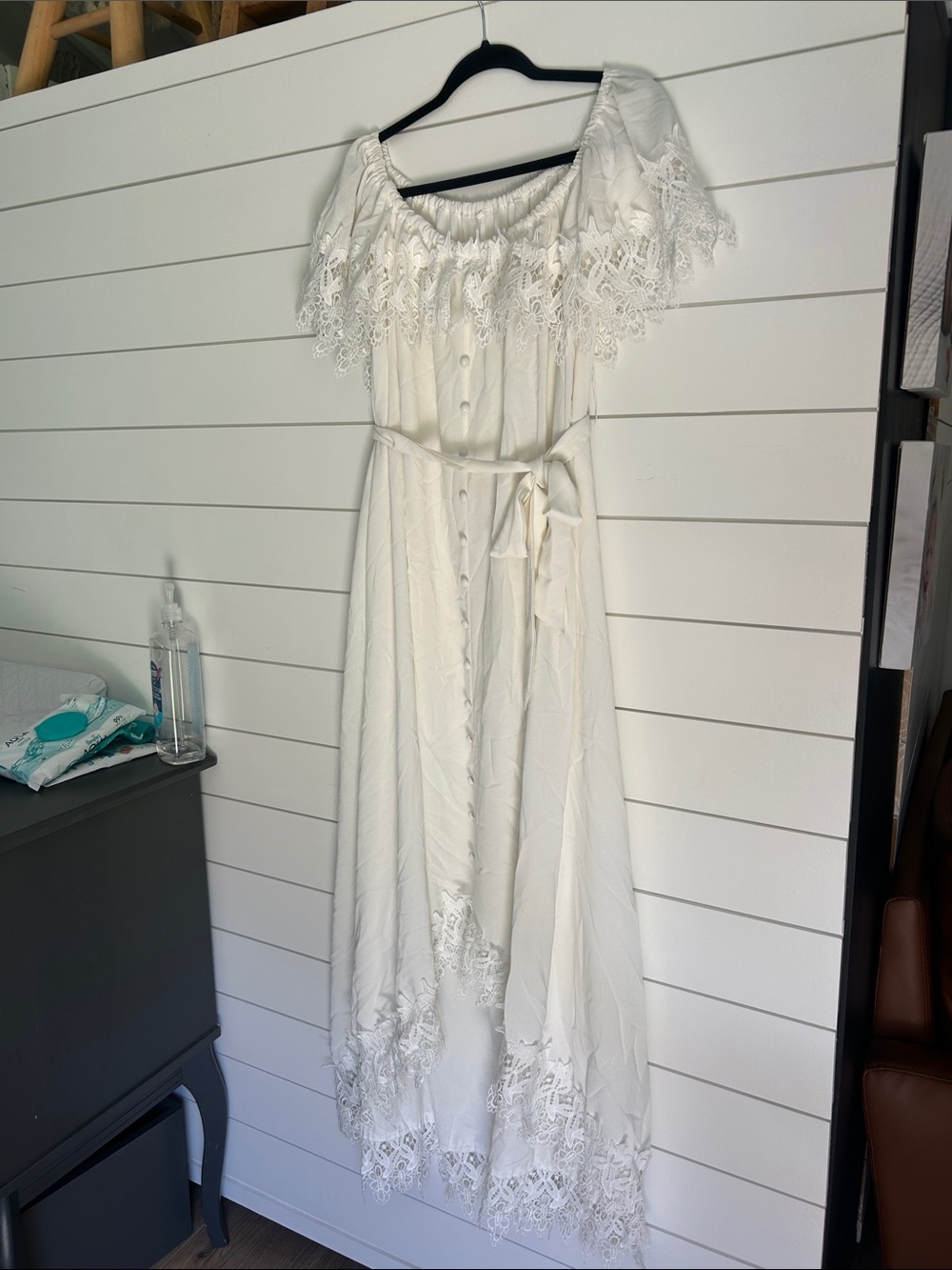 Off-Shoulder White Lace Trim Maxi Dress with Tie Waist